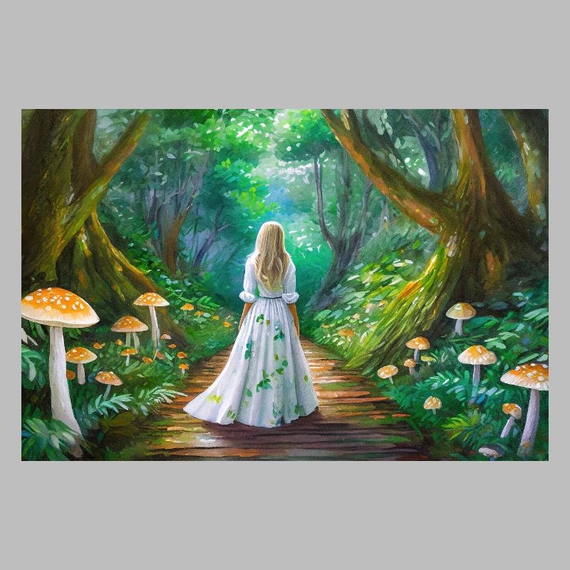 Fille dans la forêt de conte de fées avec des champignons