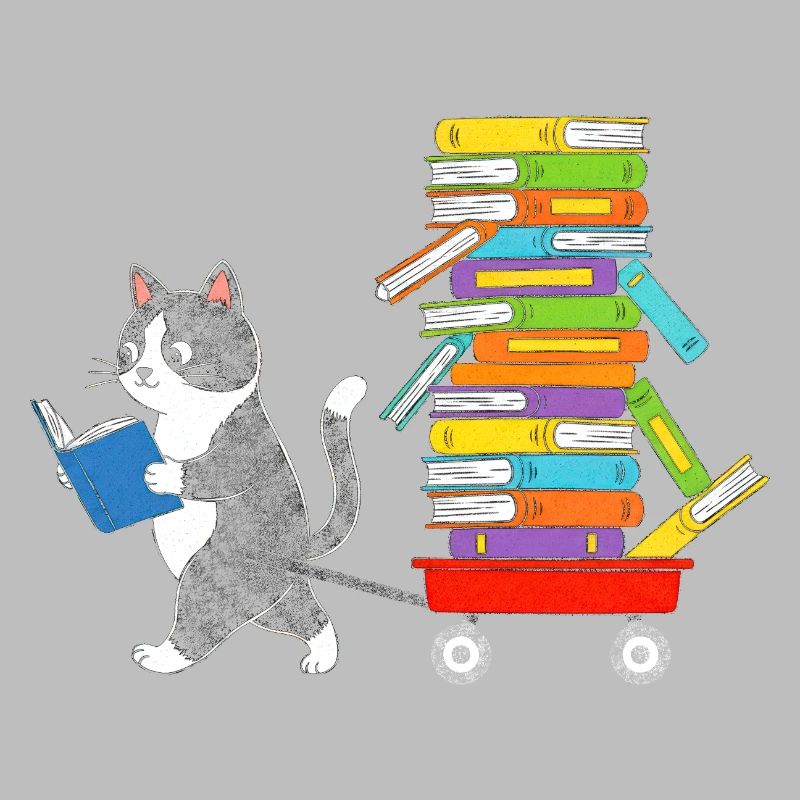 Reading kitten pulls book trolley