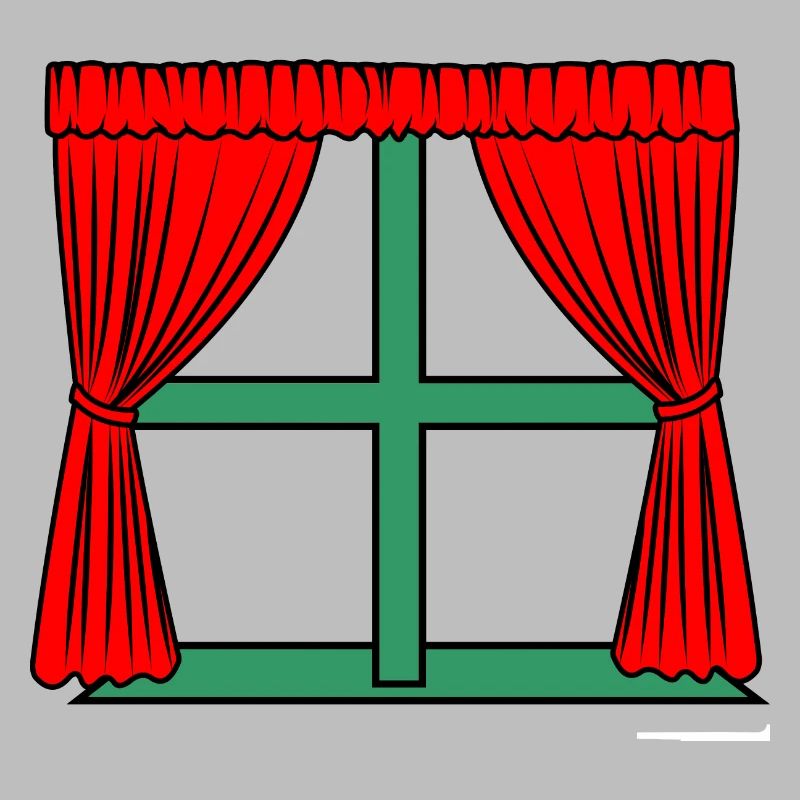 Red curtains green window frame