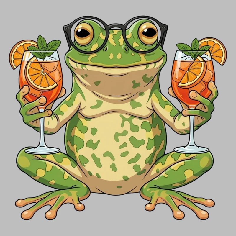 Frosch mit Cocktailgläsern