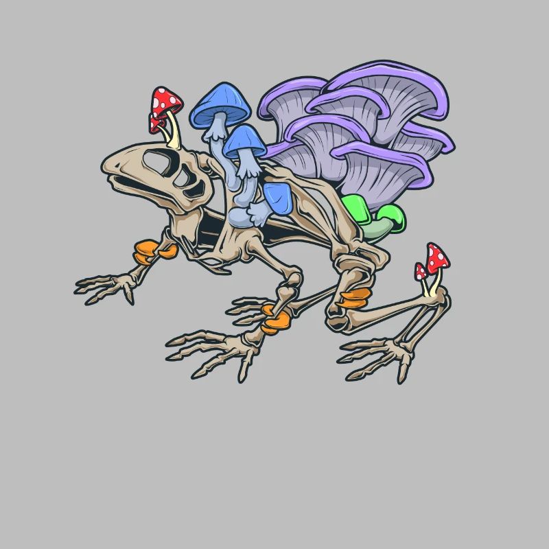 Frog skeleton with mushrooms