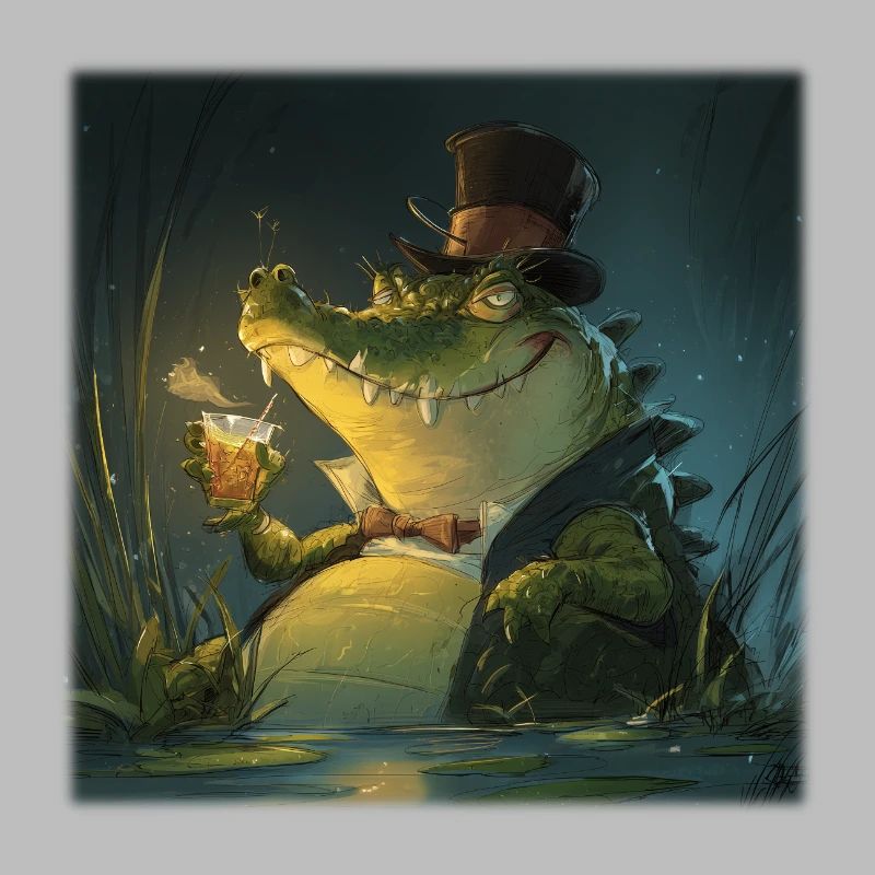 Crocodile élégant des marais avec boisson et haut-de-forme
