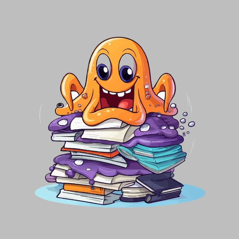 Learning octopus with stack of books