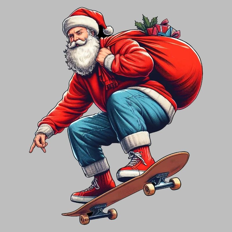 Retro-Weihnachtsmann springt mit einer Tüte voller Geschenke auf ein Brett