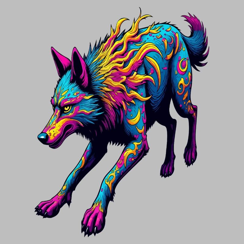Psychedelischer Laufwolf – Neon Fantasy Tierkunst