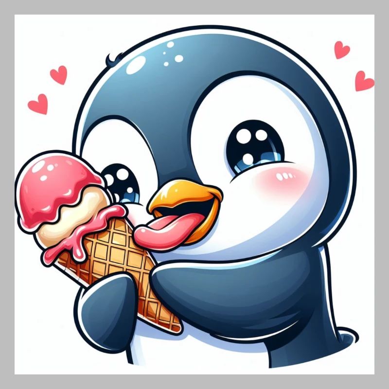 Süsser Pinguin am Softeis essen. Pinguin mit Eis