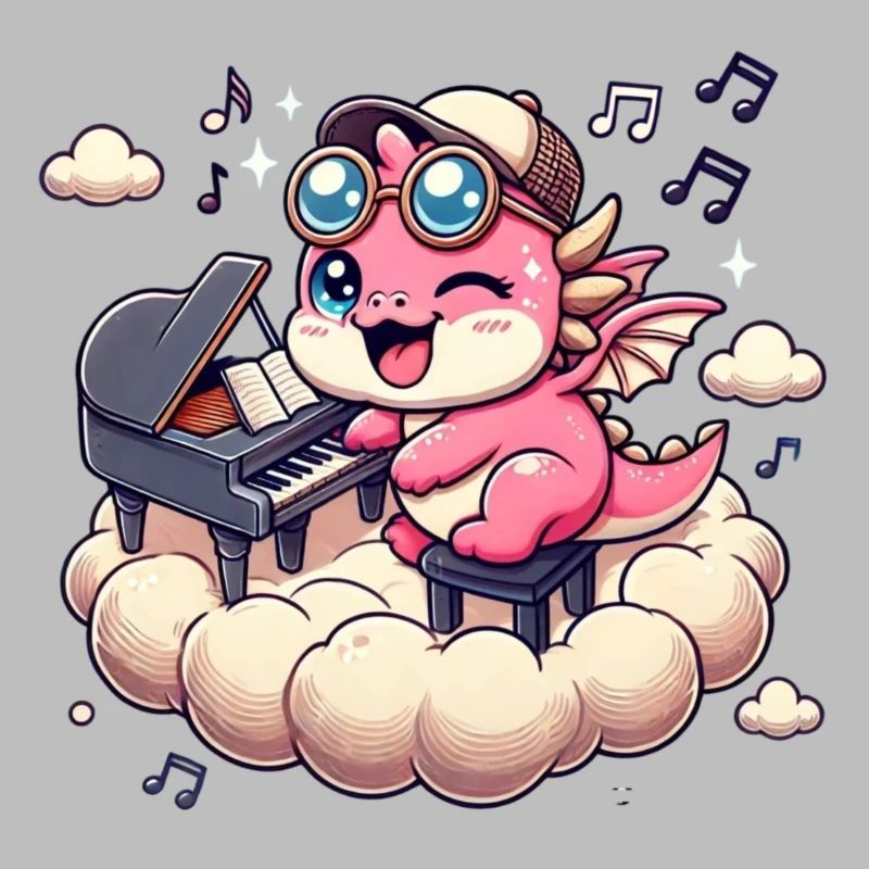 Süßer pinker Drache spielt Piano auf einer Wolke
