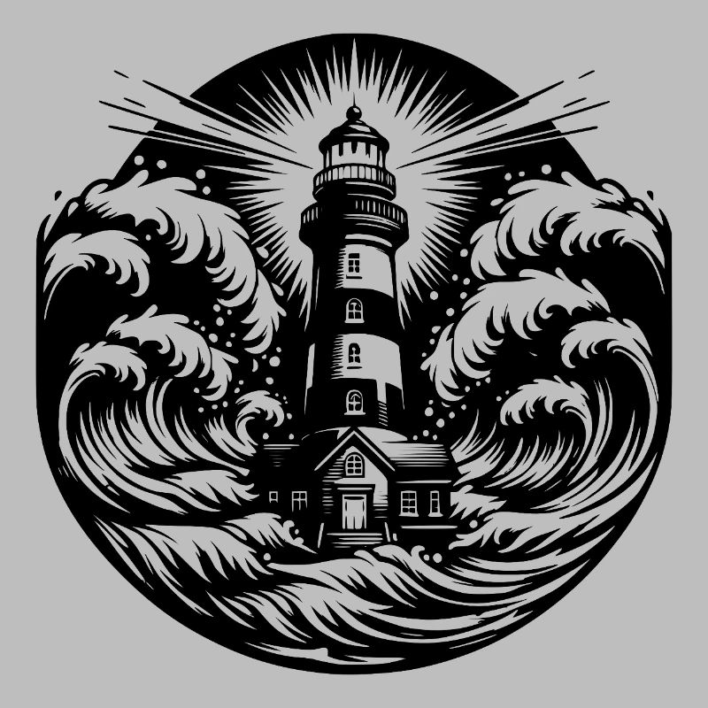 Phare côtier rayé dans une mer agitée