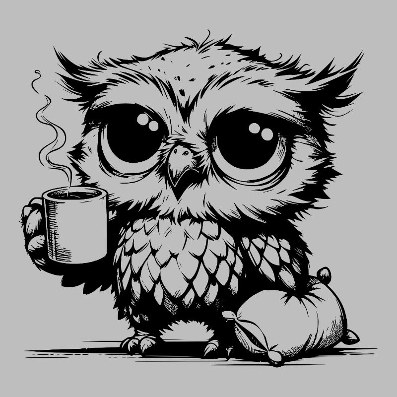 Verschlafene Eule die Kaffee zur Pflicht erklärt