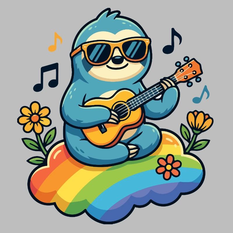 Sloth with guitar on rainbow cloud hippie
