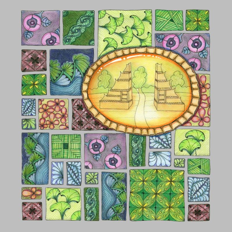 Temple de Bali sur patchwork de motifs