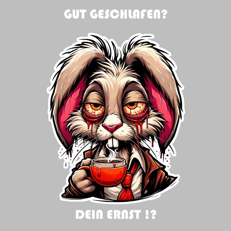 Bunny oversleeping with coffee cup