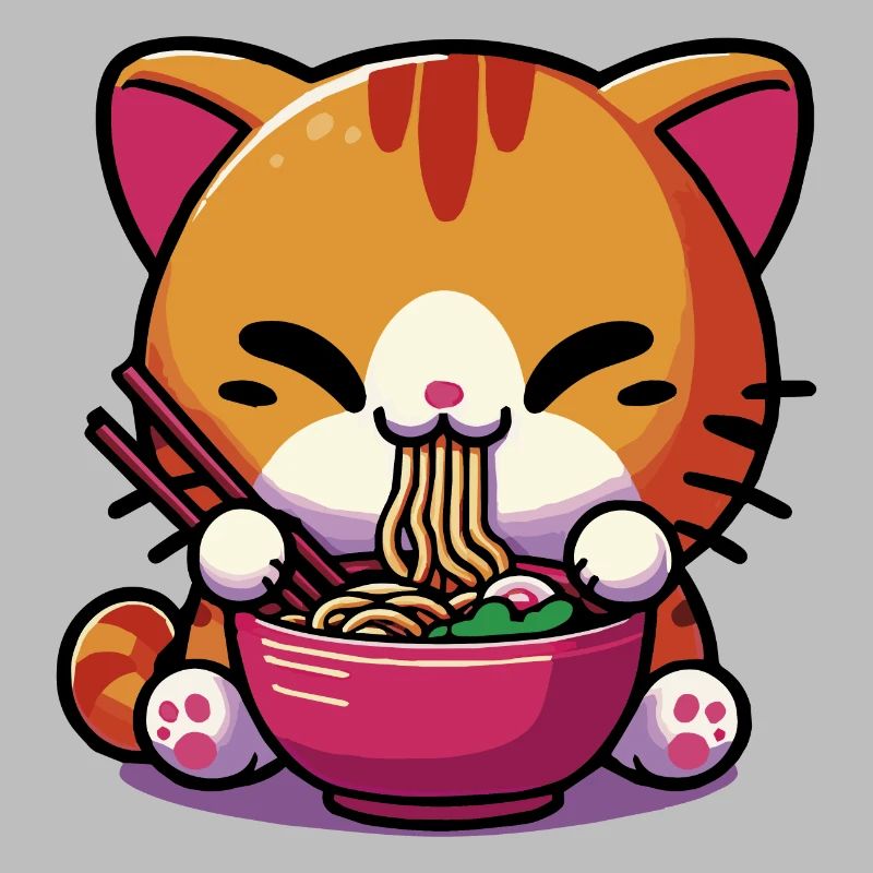 Chat Kawaii Neko mignon mangeant des Ramen 1
