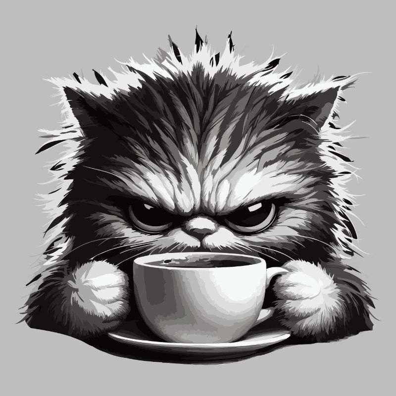 Eine nervöse, schläfrige Katze mit einer Tasse Kaffee.