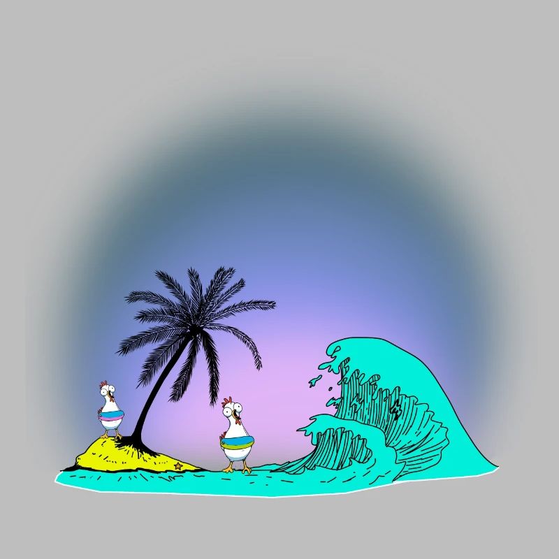 Summer Island Bathing Chickens Swimming Ring Ocean Wave