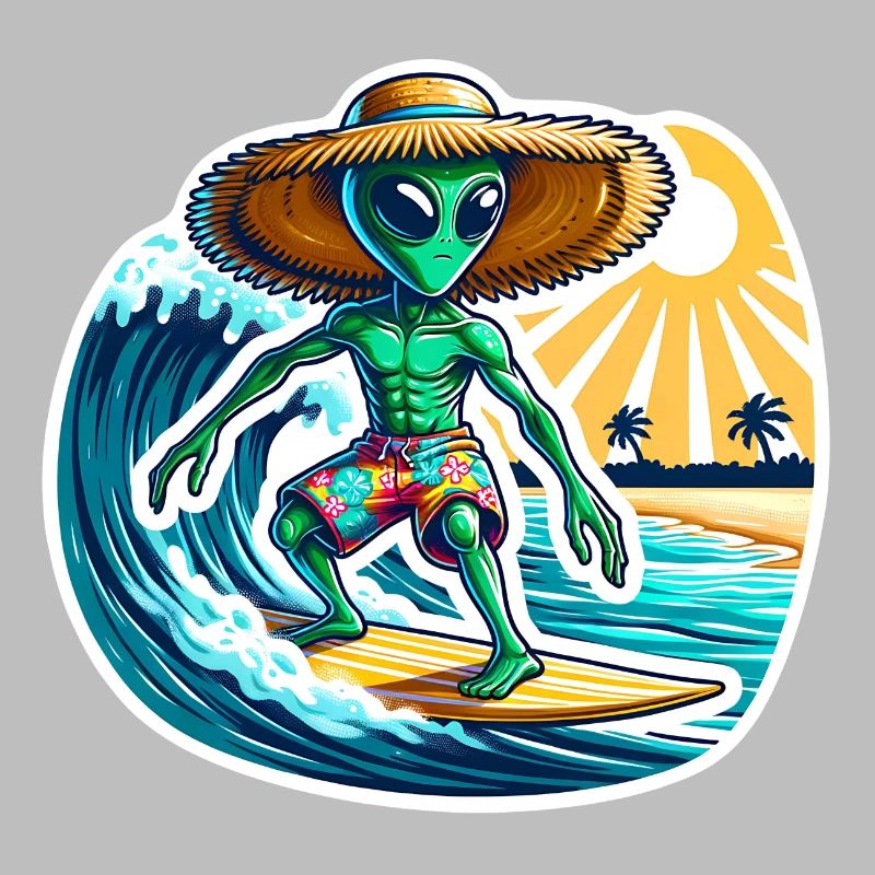 Drôle de petit extraterrestre sur planche de surf