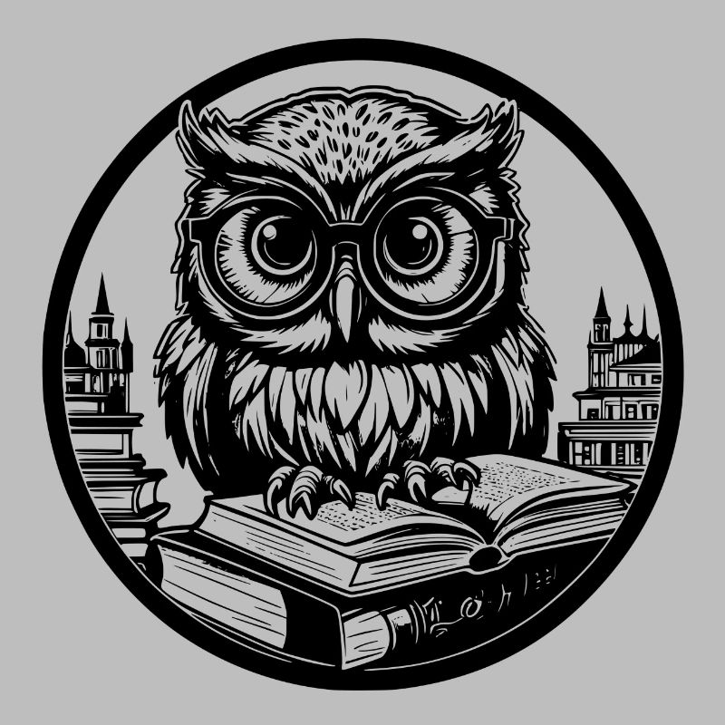 Kleine lustige Eule mit Brille sitzt auf Buch