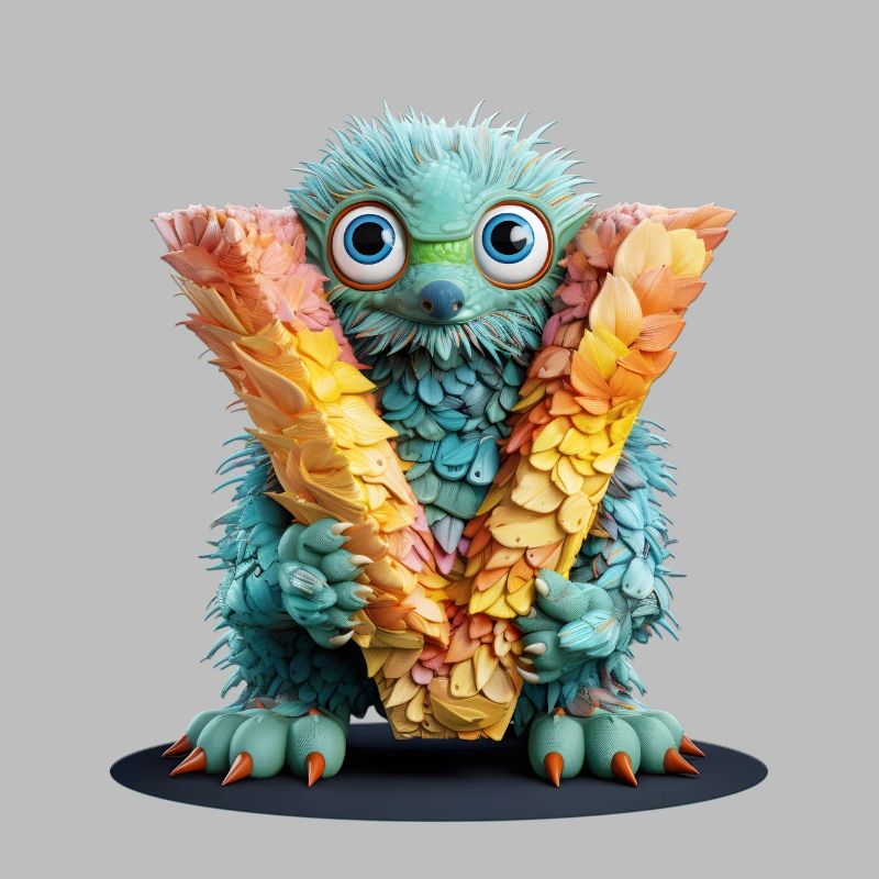 Feathery creature with letter V