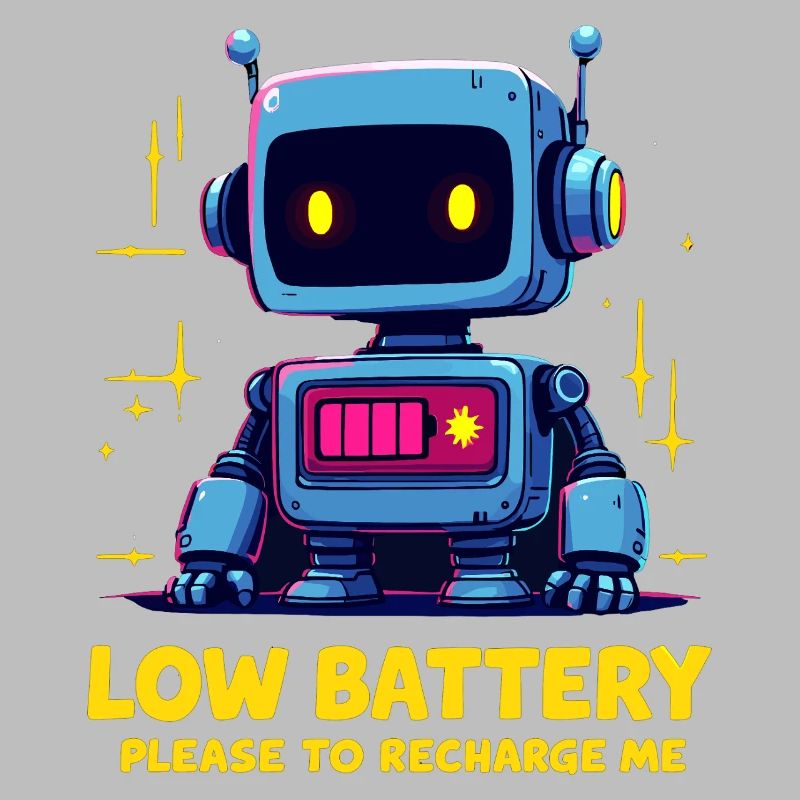 Futuristic Robot with Low Battery Message
