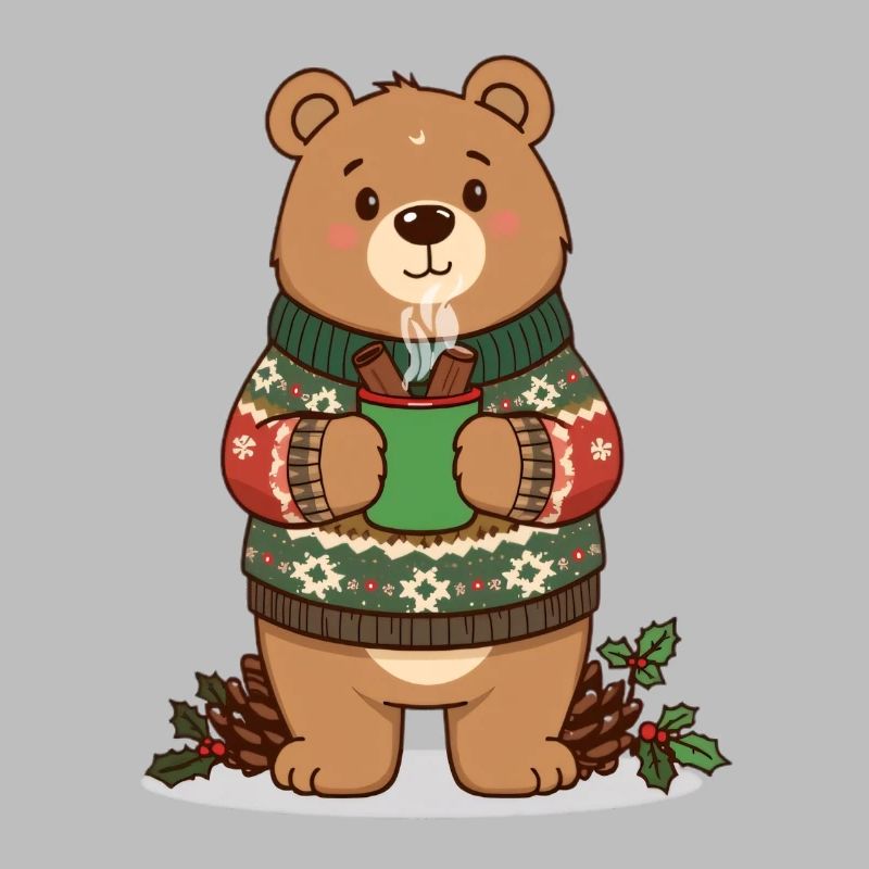 Winter bear with steaming cocoa