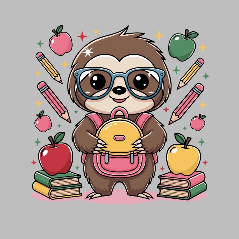 Cute sloth surrounded by backpack and glasses