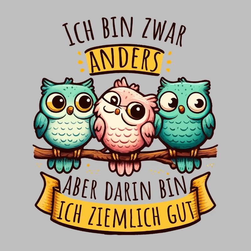 Anderssein Spruch mit bunten Eulen