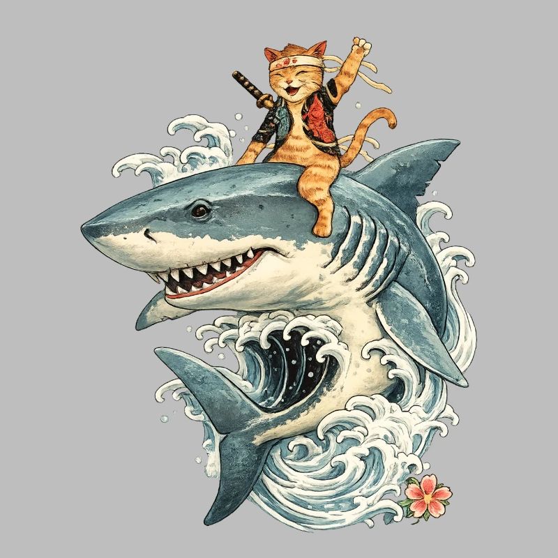 Samurai cat rides shark – wave ride in style