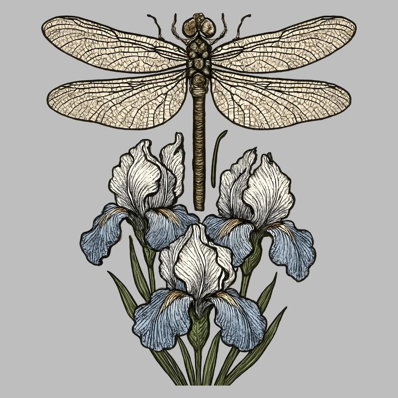 Libelle über Irisblüten