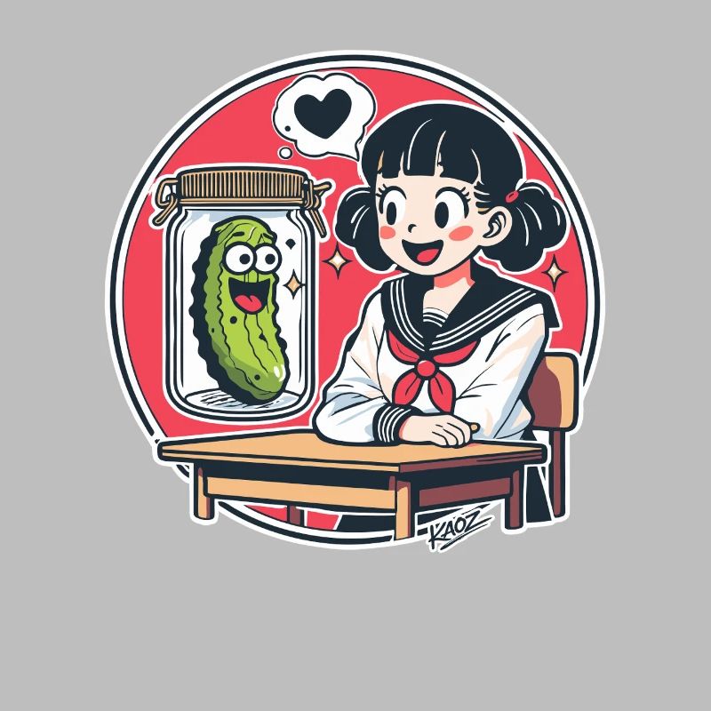 Cornichon Kawaii dans un bocal et écolière à l’école