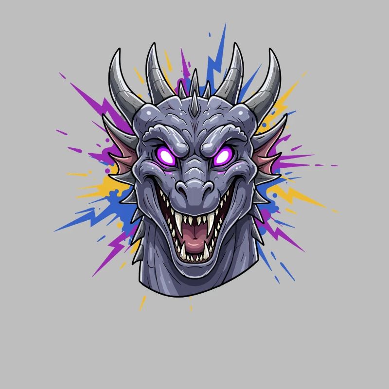 Neon Dragon Head with Paint Splashes