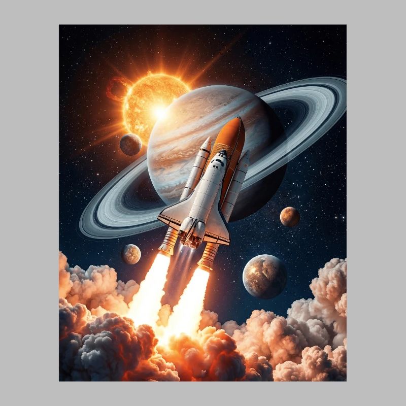 Fusée à travers les anneaux de Saturne dans l’espace