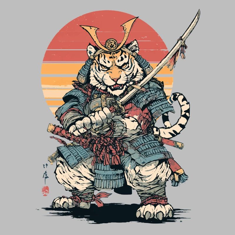 Tiger Samurai in Armor at Sunset
