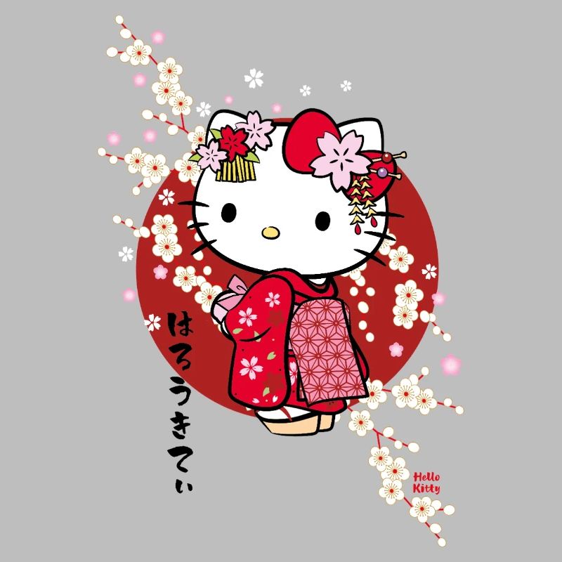 Hello Kitty In A Red Kimono And Cherry Blossoms