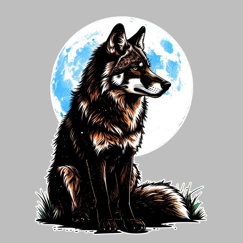 Un loup devant une lune bleue