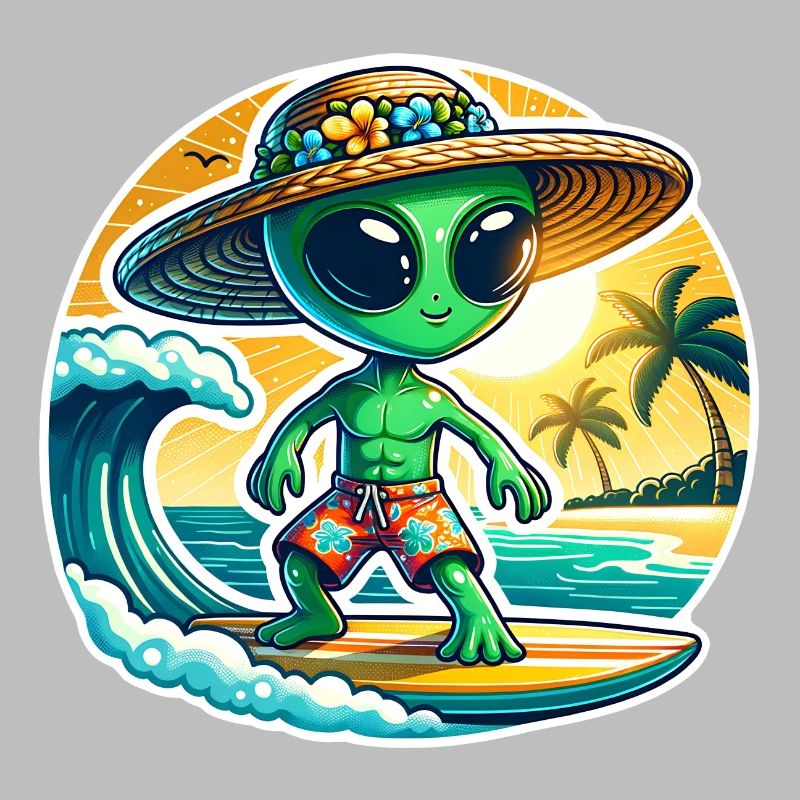 Drôle de petit extraterrestre sur planche de surf