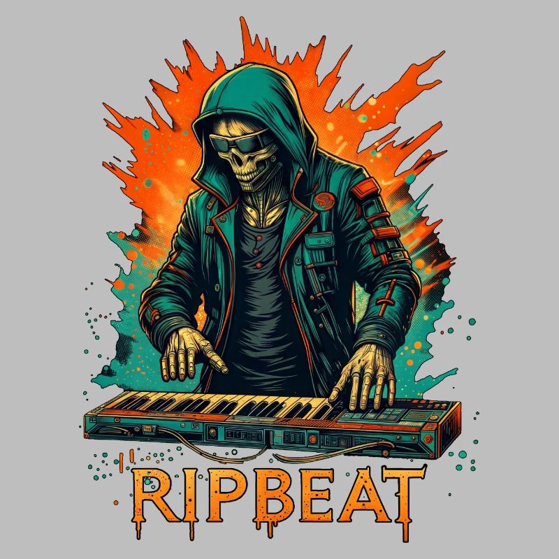 RIPBEAT: DJ skeleton plays synthesizer on keyboard