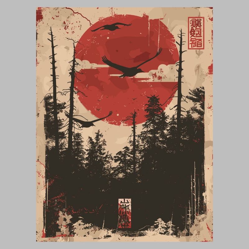 Roter Sonnenwald Ukiyo-e Waldlandschaft