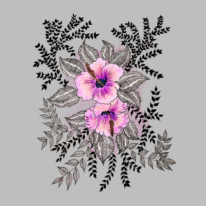 Pink Hibiscus Pattern with Black and White Leaves