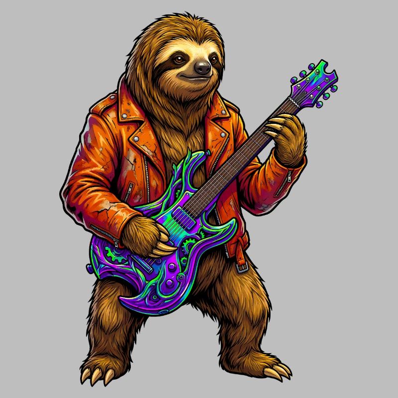 Faultier in Lederjacke mit Neon E-Gitarre
