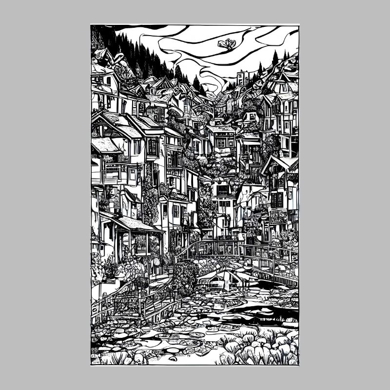 Scène complexe de village à l’encre