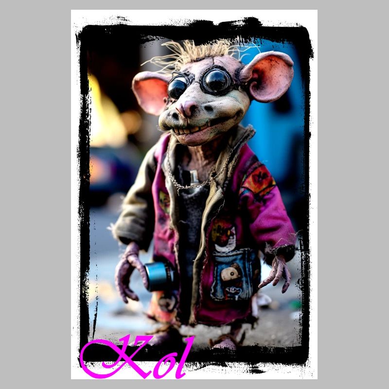 Bizarre mouse puppet as a punk with sunglasses