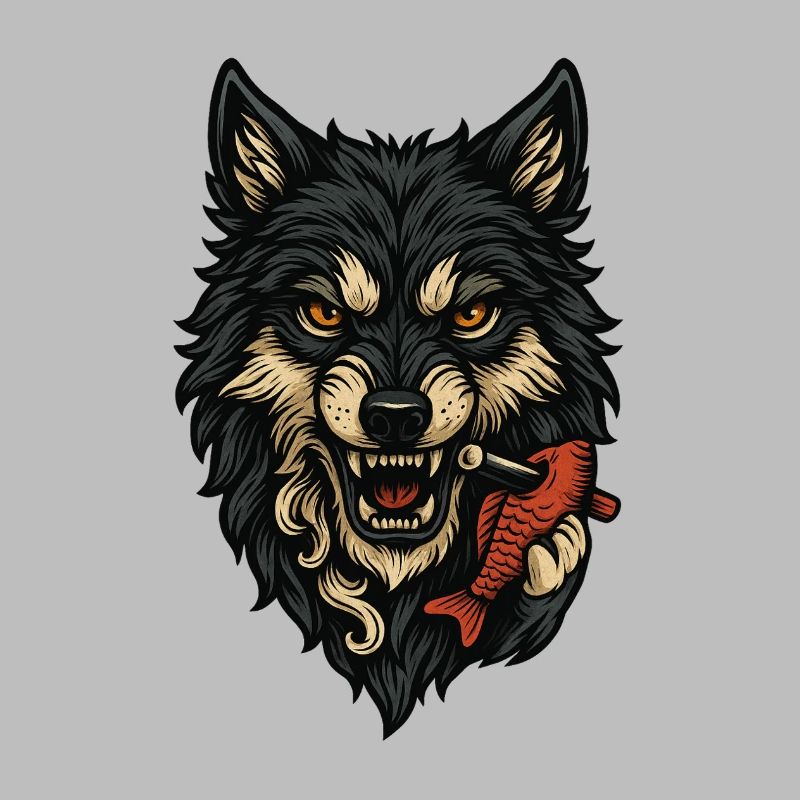 Wild wolf face with bone