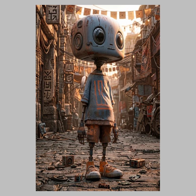 Rusty Robot in Neon Bazaar