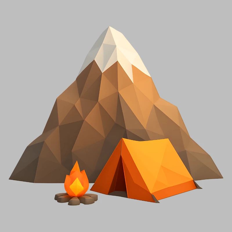 Low-poly mountain camp with tent and fire