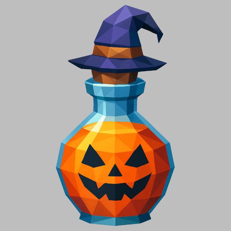 Low-Poly-Kürbis in einem Hexenfläschchen