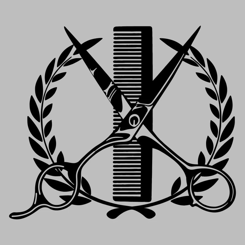 Logo couronne de laurier coiffeur, ciseaux avec peigne