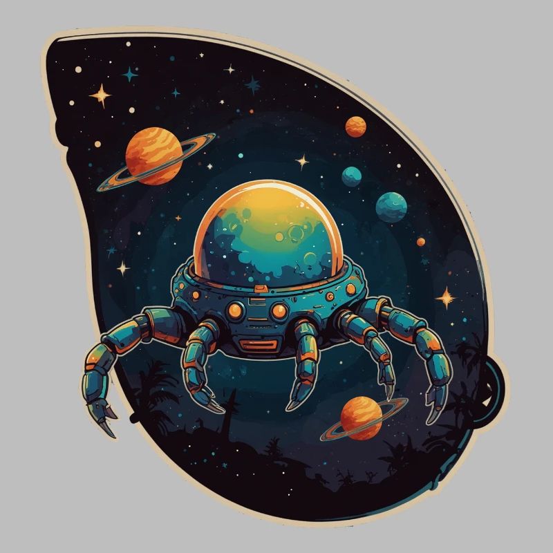 Crab spaceship in space with planets