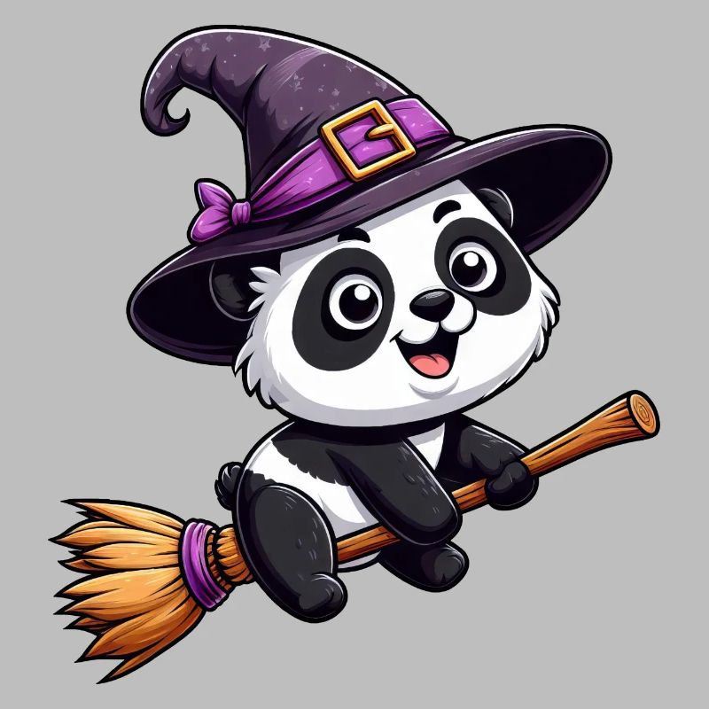 Halloween Panda Witch with Witch's Broom Comic Cute