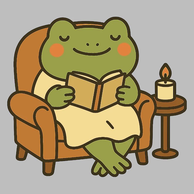 Grenouille lisant dans un fauteuil – Soirée douillette