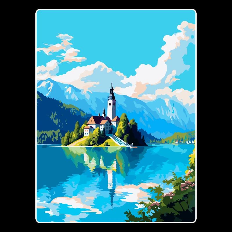 Lac de Bled, Slovénie, Affiche de voyage vintage, Souvenir